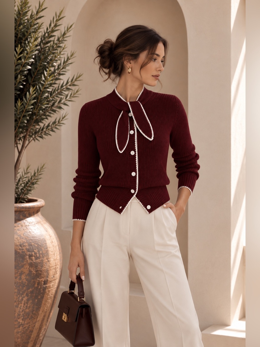 Commense Burgundy Wool Blend Tie Neck Cardigan L | Preppy Fall Knit
